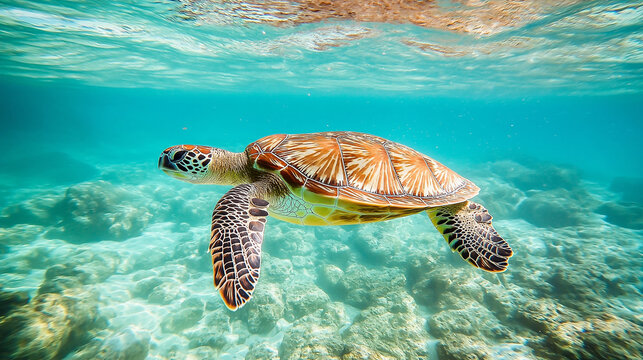 29. Crisp and clear image of a sleek sea turtle gliding through clear water