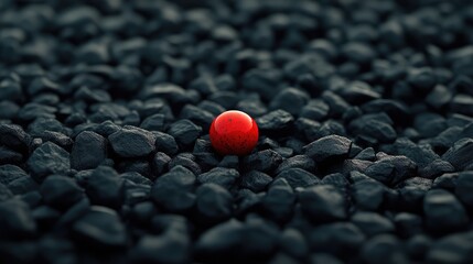 Close-up wallpaper of tiny black pebbles with one red marble standing out, 3D realistic octane render, high detail.