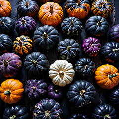 Halloween pumpkins flat lay.Various colors pumpkins of different sizes. Autumn Harvest Festival. Farmers products fair.