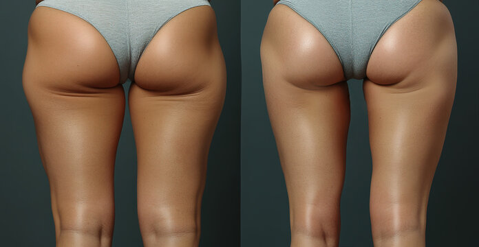 The image showcases a side-by-side comparison of thighs, emphasizing changes in body shape prior to a body contouring procedure, girl's legs and butt before and after losing weight, 