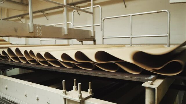Production of biodegradable packaging from waste paper. Close-up of working conveyor line for paper production at the pulp mill. Brown paper moves along conveyor. Protecting environment from garbage.