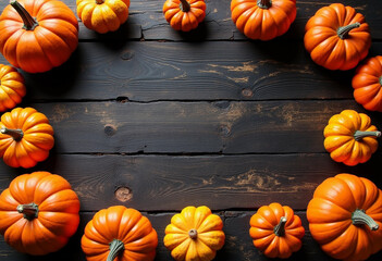 Halloween pumpkins flat lay with space for text. Orange pumpkins of different sizes on a brown old wooden floor. Autumn Harvest Festival. Farmers products fair.