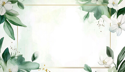 Watercolor white and green floral blank pages with gold borders clipart, wedding card background
