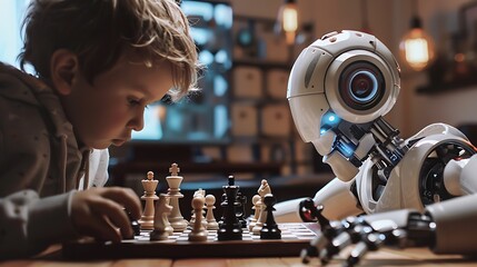 A robot playing chess with a boy, symbolizing the interaction between human intelligence and artificial intelligence in a friendly competition