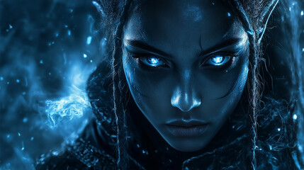 elven warrior with glowing blue eyes and braided hair, her expression fierce and determined, surrounded by swirling magical energy in a mystical setting