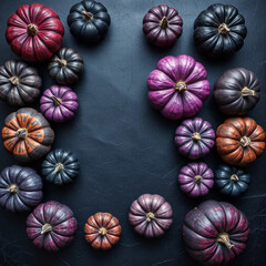 Halloween pumpkins flat lay with space for text. Pumpkins of different colors and sizes on a black leather. Autumn Harvest Festival. Farmers products fair.
