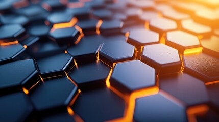 Obraz premium Close-up 3D macro image of hexagonal honeycomb, focusing on the sharp edges and depth of each cell.