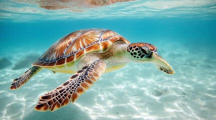 29. Crisp and clear image of a sleek sea turtle gliding through clear water