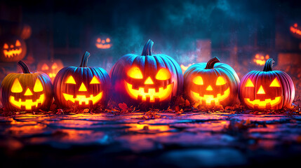 halloween pumpkins in fog and reflections