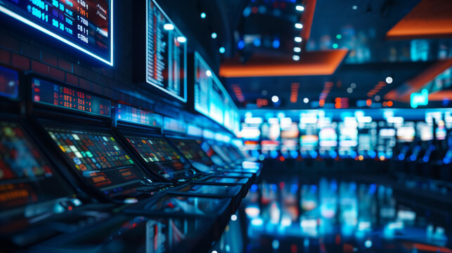 Brightly lit with colorful screens, the gaming area features numerous slot machines lined up, attracting players eager for excitement and entertainment during the evening hours