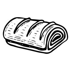 Apple strudel hand drawn doodle. Baked roll pie. Puff pastry. Sweet biscuit dessert food. Confectionery sugar pastry. Bakery product. Vector outline line art illustration.