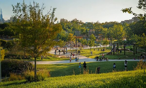 a group of people walking around a park