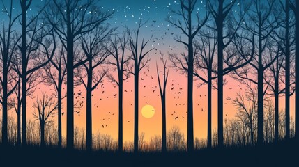 Naklejka premium Twilight in the forest, silhouettes of trees against a vibrant sky, flat design illustration