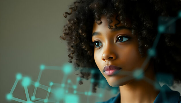 A young African American woman with curly hair, looking thoughtful with a digital interface overlay