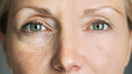 A woman's face is split into two halves, elderly woman before and after facelift, face lift surgery, cosmetic procedures and injections, threads and fillers, woman's face