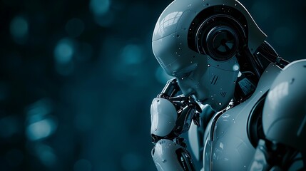 Close-up of a humanoid robot deep in thought on a dark background with copy space, representing the concept of artificial intelligence and introspection