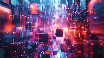 Fototapeta premium Digital voxel artificial cubes, illustrating an abstract 3D, futuristic pixelated render, representing the intersection of digital art and technology