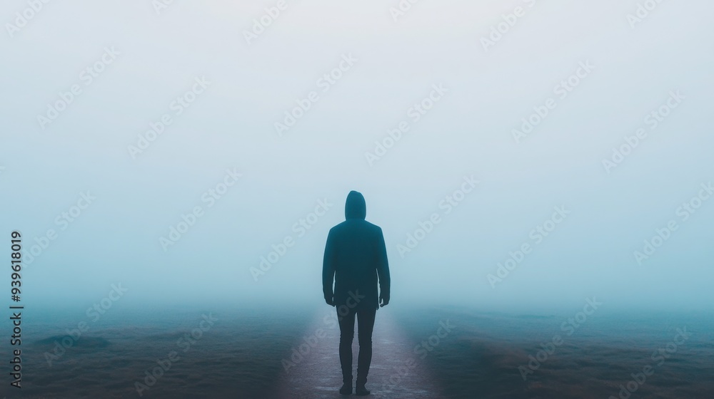 Poster a person walking through a foggy landscape, with each mindful step creating a path of light amidst t
