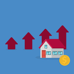 Arrows rise up above the house. The concept of growth in demand for real estate. Increase in the value of property