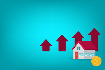 Arrows rise up above the house. The concept of growth in demand for real estate. Increase in the value of property