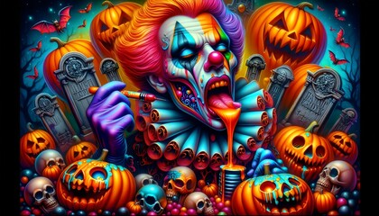 Obraz premium Ilustración Wallpaper Horripilante de Payasos: Un Toque Vibrante para Halloween