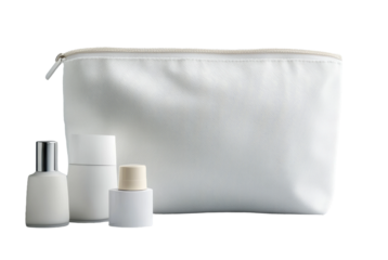 A stylish white cosmetic bag is featured alongside three sleek skincare bottles, perfect for organizing beauty essentials at home or while traveling. Transparent background PNG