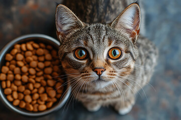  cat lying beside a bowl of dry cat food, staring intently with wide, expressive eyes.
