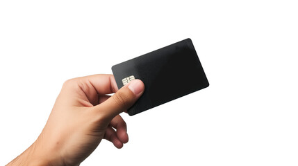 Man hand grips monotone black blank credit card mockup without any logos on transparent background, png. 