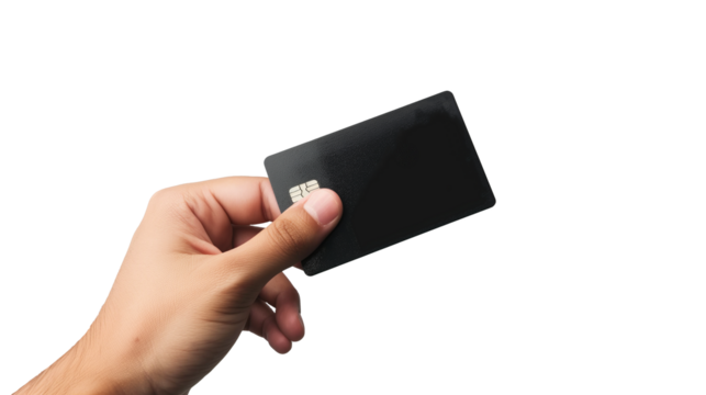 Man hand grips monotone black blank credit card mockup without any logos on transparent background, png. 