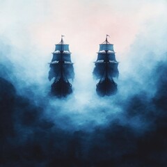 Spectral pirates sailing through a cursed fog bank, eerie waters, Watercolor style