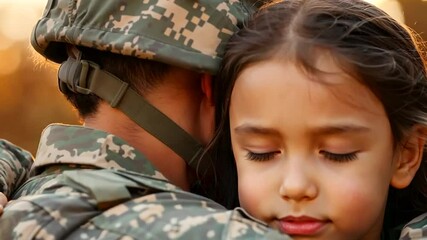 Soldier reunites with daughter in emotional embrace during sunset at a military homecoming event