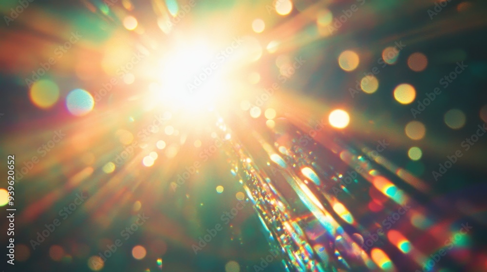 Poster a vibrant burst of light with colorful bokeh effects, creating an ethereal atmosphere.