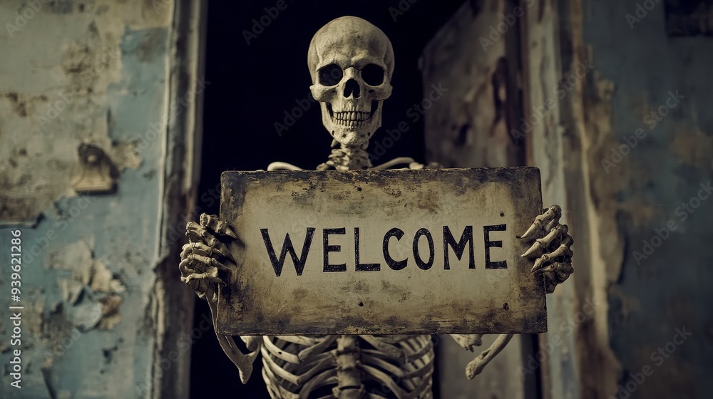 Poster a skeleton holding a weathered 