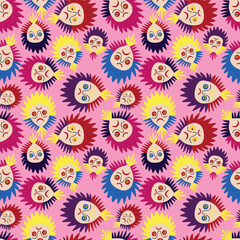 Pink pattern with colorful cartoon faces. Halloween pattern with demons