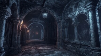 A dimly lit stone corridor with arches and lanterns, evoking a mysterious and eerie atmosphere.