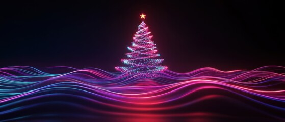 Neon Christmas Tree with Abstract Light Trails