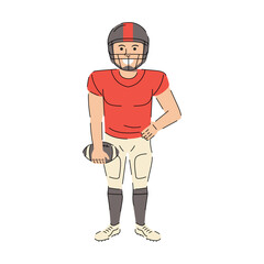 American football player holding a ball. American football character. Rugby, Football cartoon character. Vector illustration