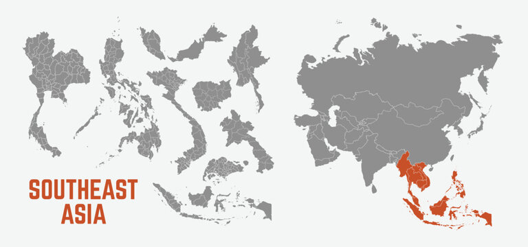 Southeast Asia map. Indonesia, Malaysia,Thailand, Laos, Philippines, Vietnam, Singapore, Cambodia maps with regions. Asia map isolated on white background. High detailed. Vector illustration	