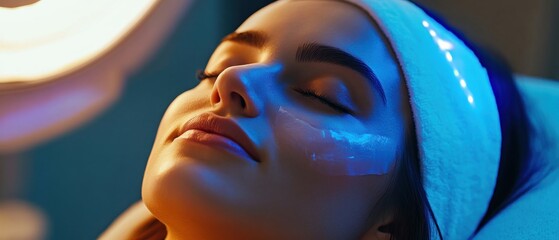Obraz premium Woman Receiving Facial Treatment Under Blue Light