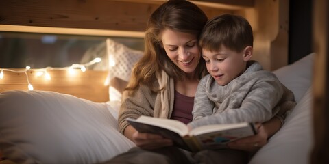 A mother is reading a children's book to her son in a cozy indoor room background