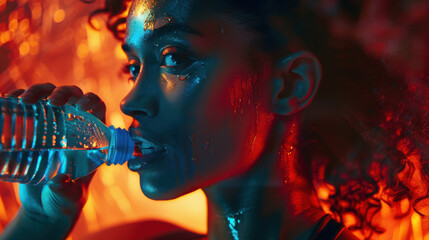 A close-up photograph of a woman in an active pose, preparing to take a sip from a water bottle