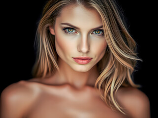 Obraz premium Beauty portrait of a young woman in studio on dark background. Sexy portrait of sensual young topless woman. Beautiful eyes, lips, hair clean fresh skin. Girl face care. Facial treatment. AI gen