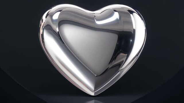 A shiny, metallic heart-shaped object with a reflective surface, set against a dark background, giving it a sleek and modern look