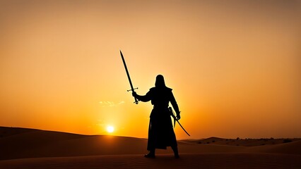Silhouette of a Warrior in the Desert Sunset