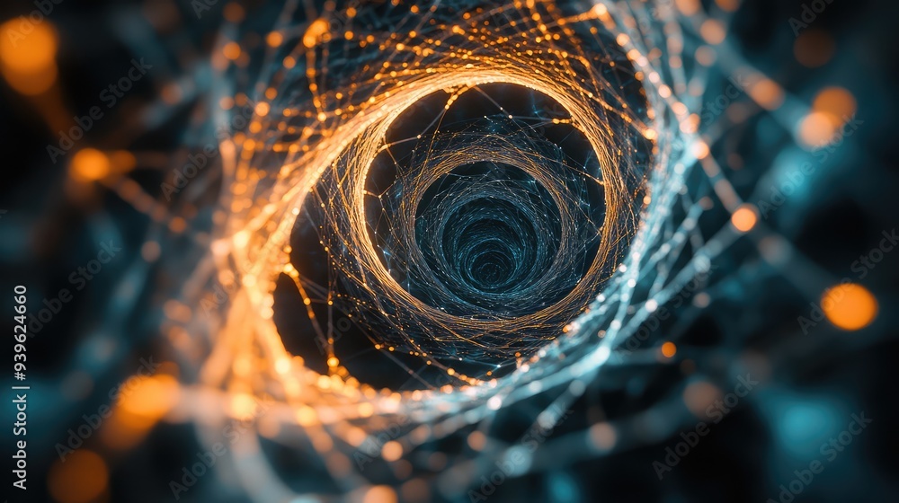 Poster abstract spiral fractal web with intertwining lines and glowing edges, creating a sense of infinite 