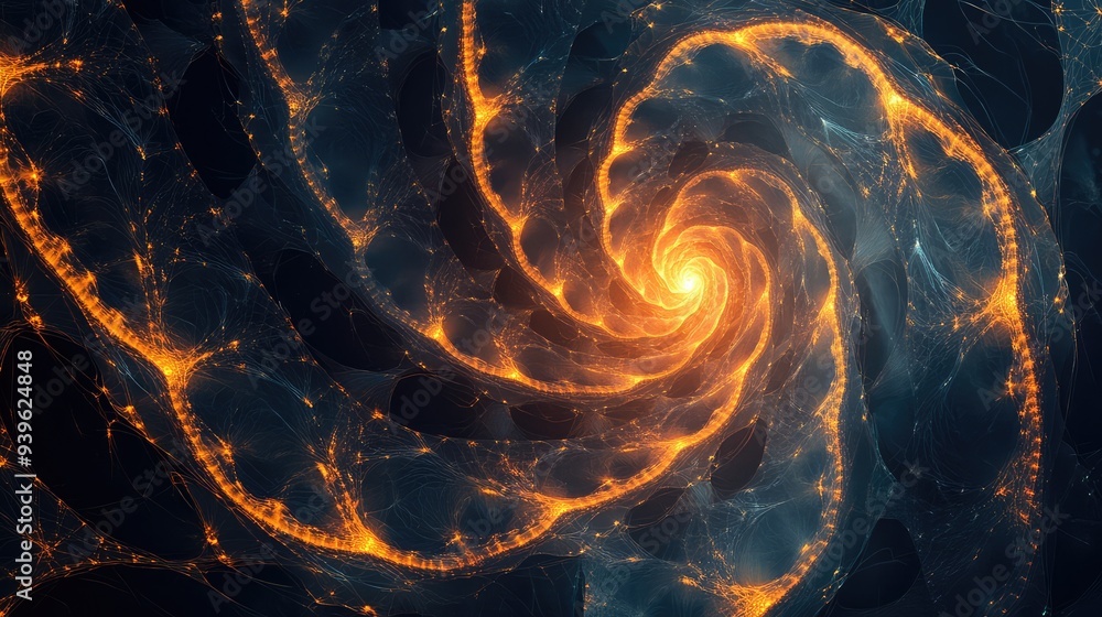 Poster abstract spiral fractal web with intertwining lines and glowing edges, creating a sense of infinite 