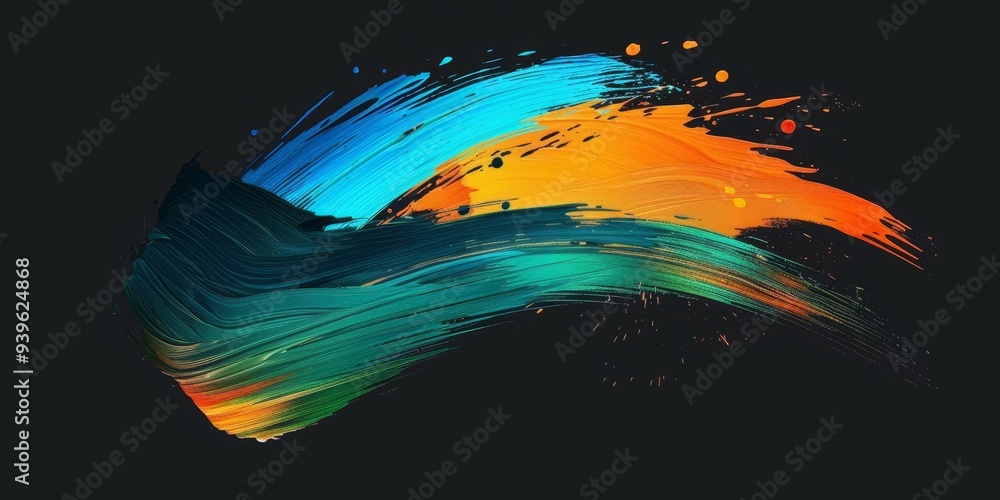 Poster An abstract artwork featuring a bold brushstroke of teal, blue, and orange colors against a contrasting black background for dramatic effect.