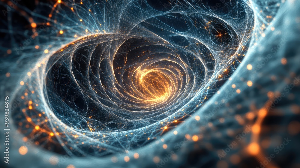 Poster abstract spiral fractal web with intertwining lines and glowing edges, creating a sense of infinite 