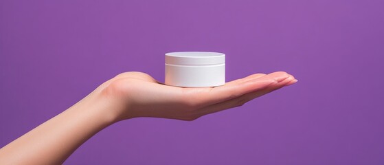 White Cream Jar Held in Open Hand Against Purple Background