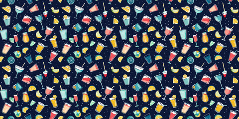 Drinks background with lively, beverage-themed illustrations. Background seamless pattern.